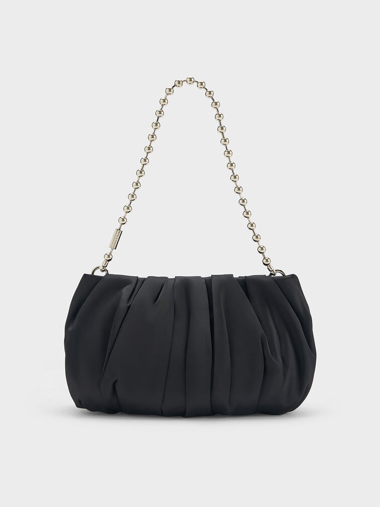 Satin Ruched Bead-Handle Bag, Noir, hi-res