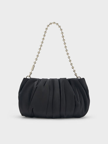 Satin Ruched Bead-Handle Bag, Noir, hi-res