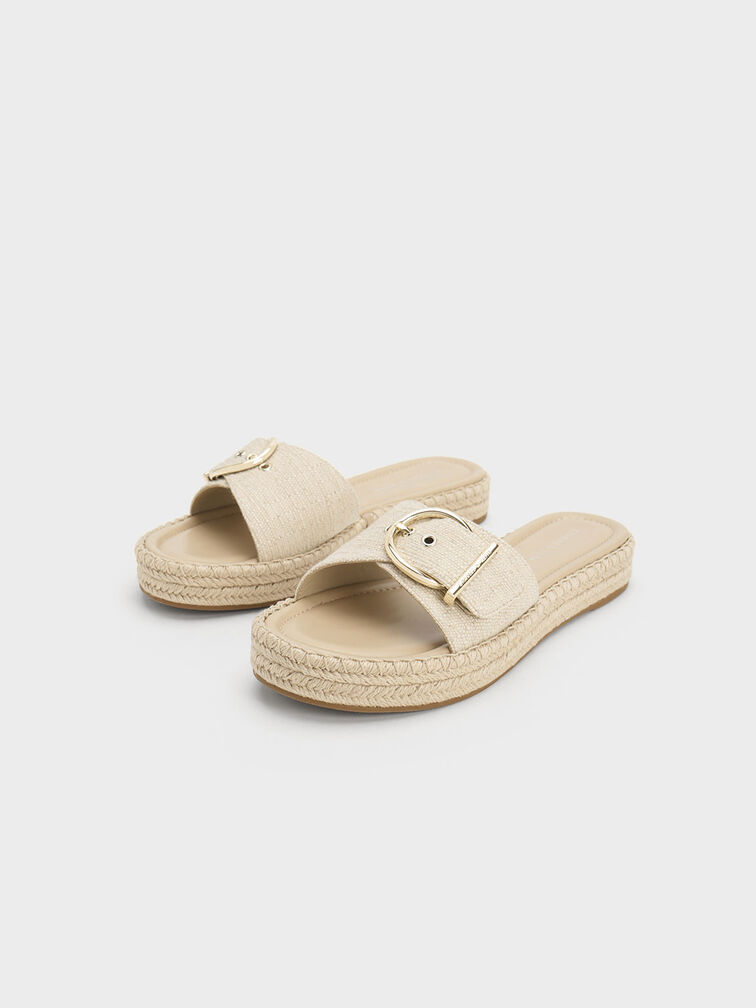 Linen Buckled Espadrille Flat Sandals, Beige, hi-res