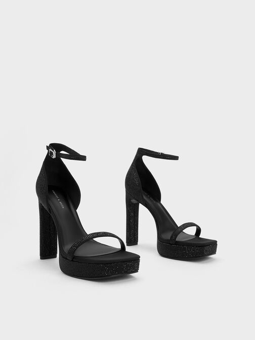 Crystal Ankle-Strap Platform Sandals, Black Textured, hi-res