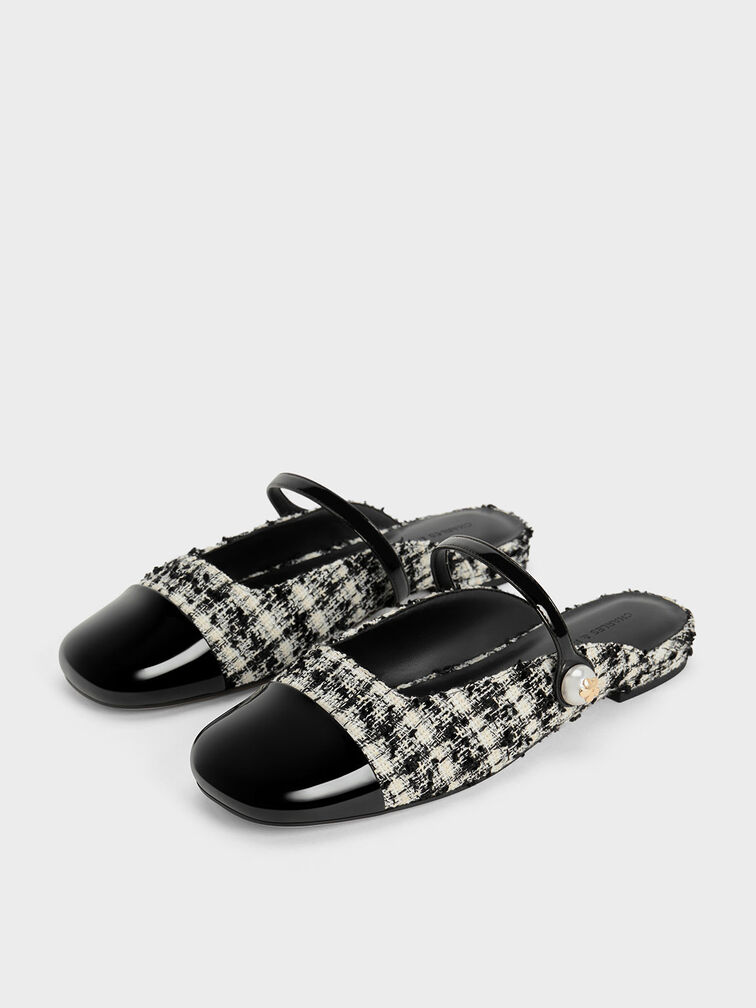 Aeryn Tweed Pearl Embellished Flat Mules, Black Textured, hi-res