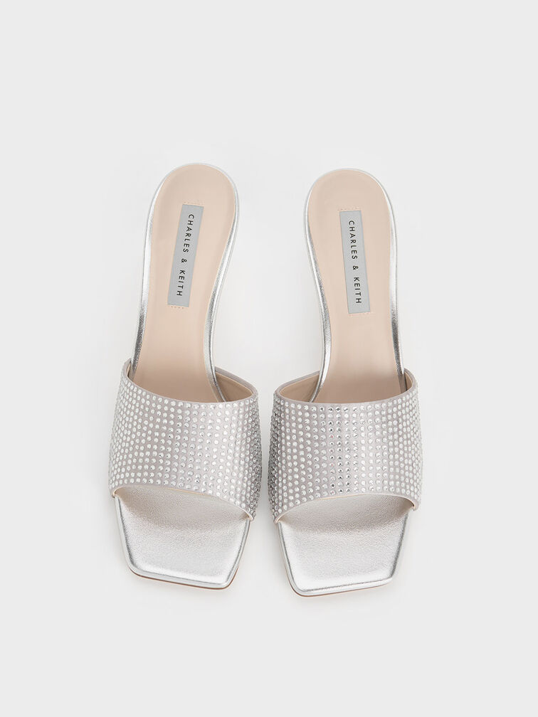 Satin Crystal-Embellished Heeled Mules, Silver, hi-res