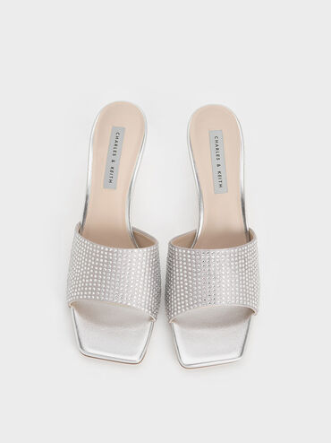 Satin Crystal-Embellished Heeled Mules, Silver, hi-res