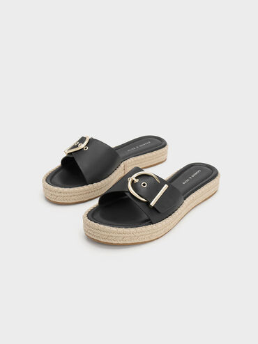 Buckled Espadrille Flat Sandals, Black, hi-res
