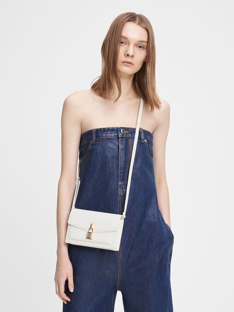 Padlock Envelope Crossbody Bag, White, hi-res