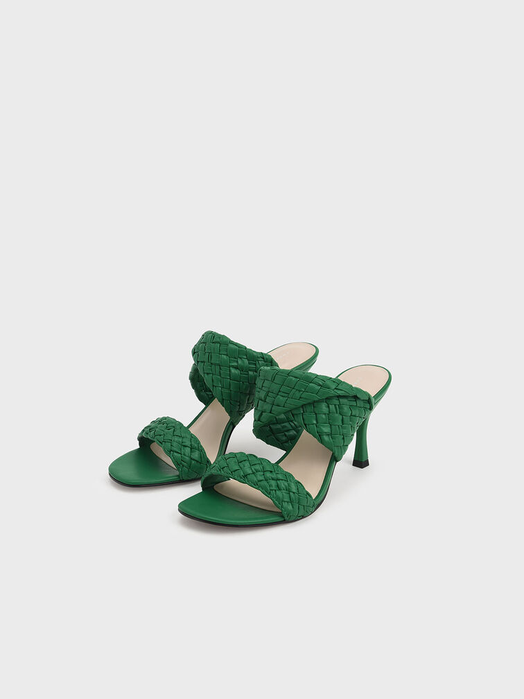 Double Strap Woven Heeled Mules, Green, hi-res