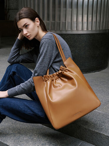 Brigette Ruched Tote Bag, Brown, hi-res