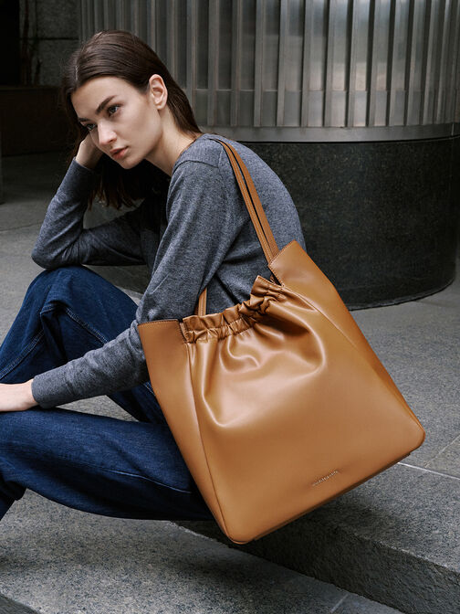 Brigette Ruched Tote Bag, Brown, hi-res
