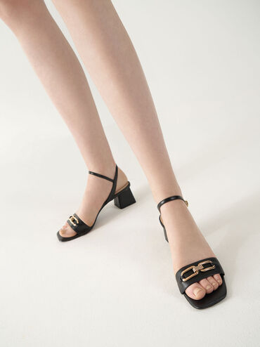 Chain Link Ankle Strap Sandals, Black, hi-res