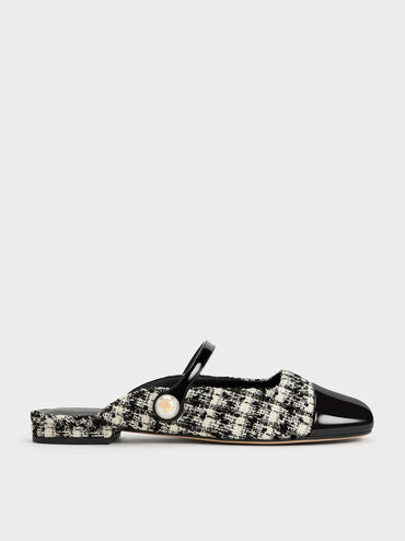 Aeryn Tweed Pearl Embellished Flat Mules, Black Textured, hi-res