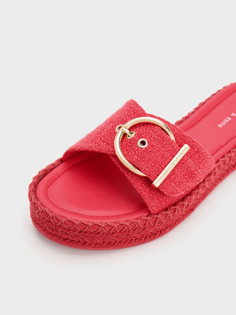 Linen Buckled Espadrille Flat Sandals, Fuchsia, hi-res
