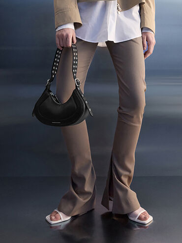 Petra Grommet-Strap Curved Shoulder Bag, Noir, hi-res
