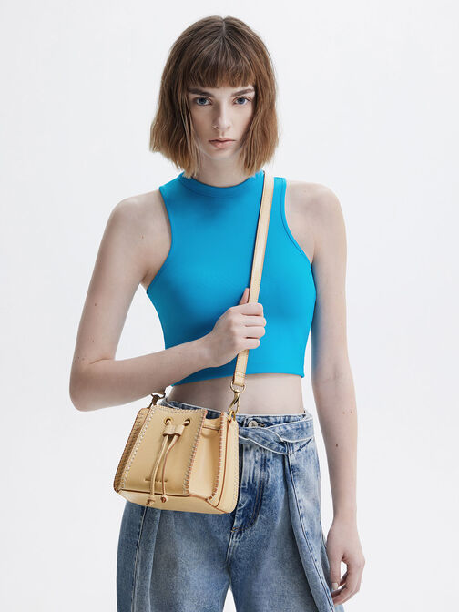 Circe Stitch-Trim Bucket Bag, Beige, hi-res