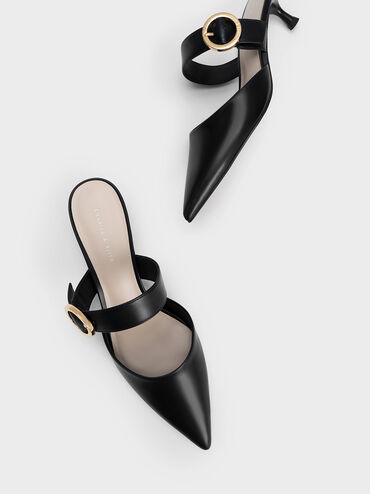 Buckled Strap Spool Heel Mules, Black, hi-res