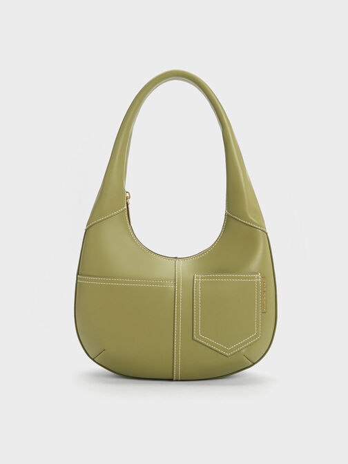 Anthea Contrast-Trim Curved Hobo Bag, Olive, hi-res