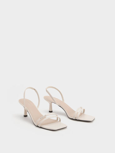 Double Strap Slingback Heeled Sandals, White, hi-res