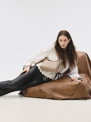 Leather Top-Flap Hobo Bag, Taupe, hi-res