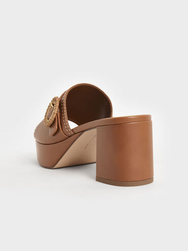 Woven Buckle Platform Mules, Caramel, hi-res