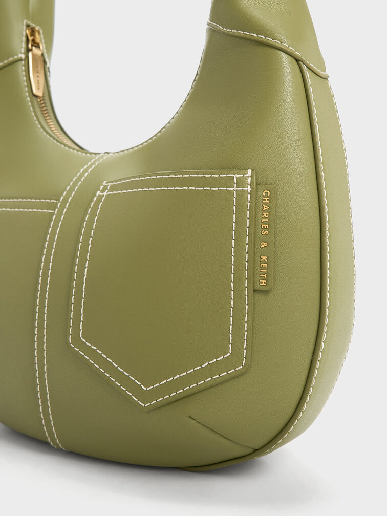 Anthea Contrast-Trim Curved Hobo Bag, Olive, hi-res