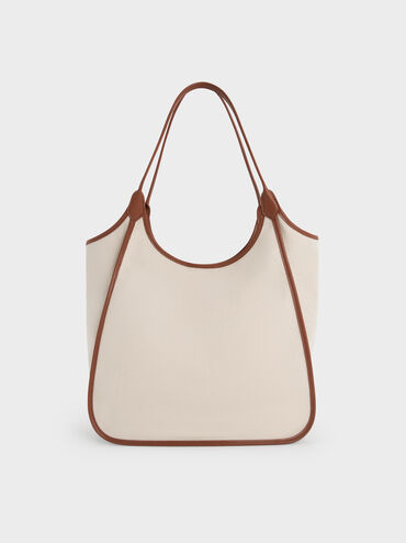 Sianna Canvas Contrast-Trim Tote Bag, Taupe Canvas, hi-res