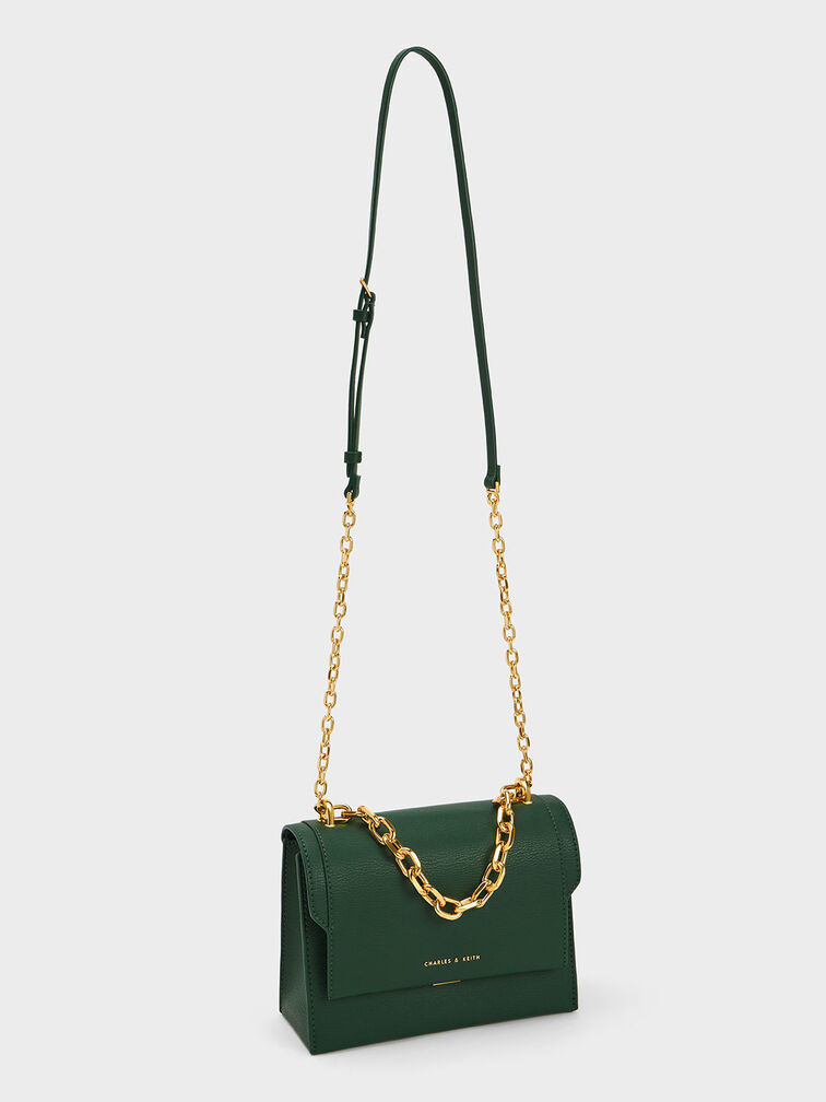 Front Flap Chain Handle Crossbody Bag, Dark Green, hi-res