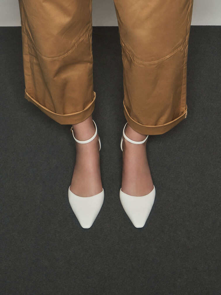Slant Heel Ankle Strap Pumps, White, hi-res