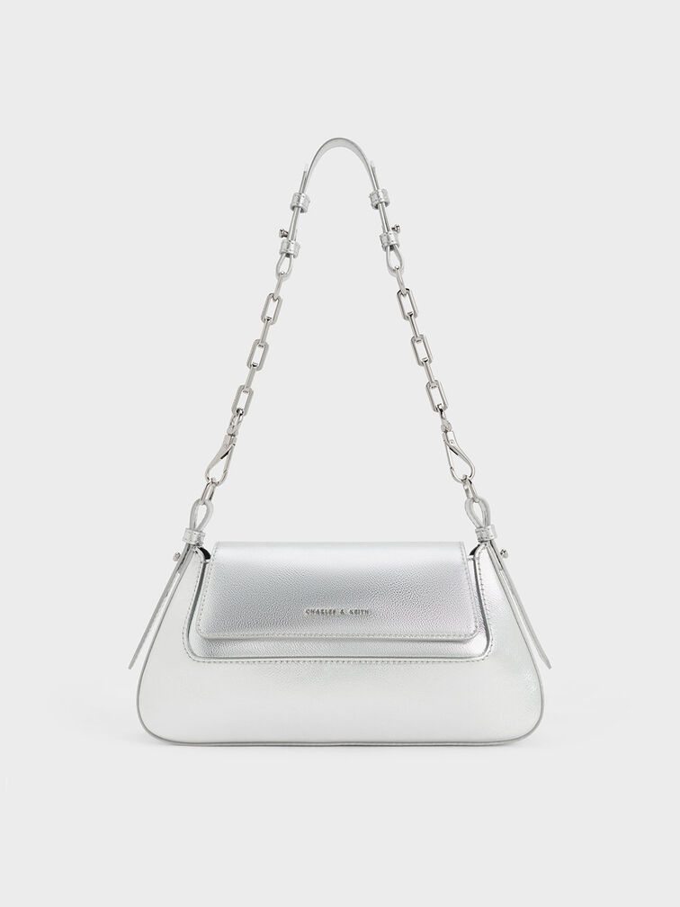 Olivia Metallic Trapeze Shoulder Bag, Silver, hi-res