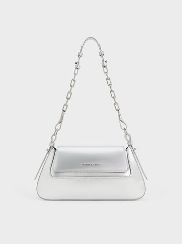 Olivia Metallic Trapeze Shoulder Bag, Silver, hi-res