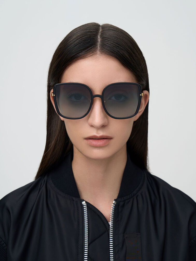 Recycled Acetate Oversized Square Sunglasses, Black, hi-res