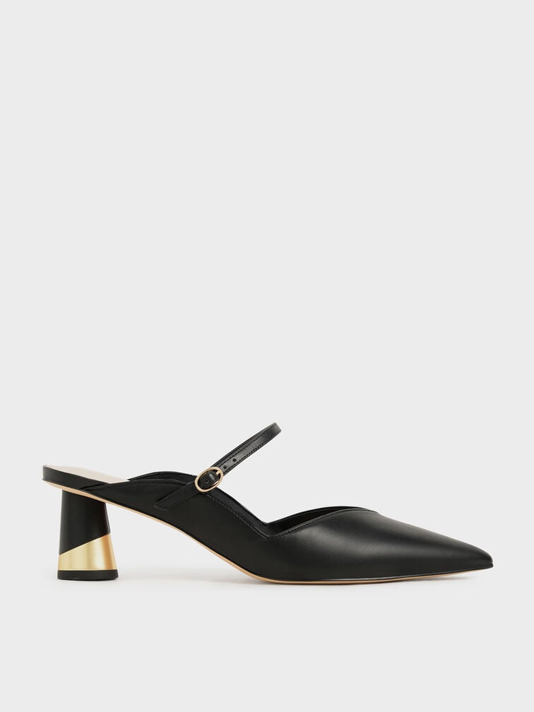 Metallic Sculptural Heel Mules, Black, hi-res