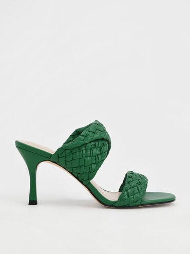 Double Strap Woven Heeled Mules, Green, hi-res