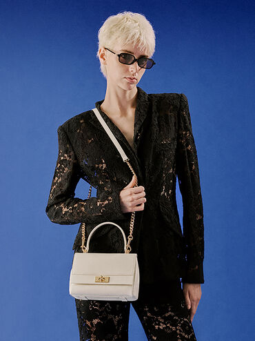 Lennie Chain-Strap Top Handle Bag, Cream, hi-res