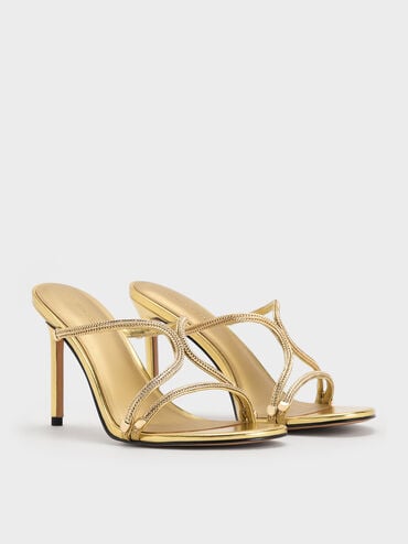 Metallic Braided Strappy Heeled Mules, Gold, hi-res