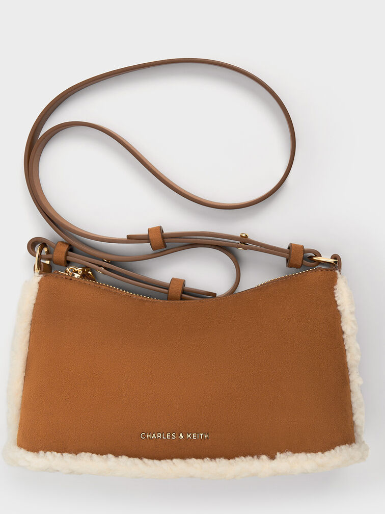 Robyn Faux Suede Fur-Trim Elongated Chain-Handle Bag, Brown, hi-res