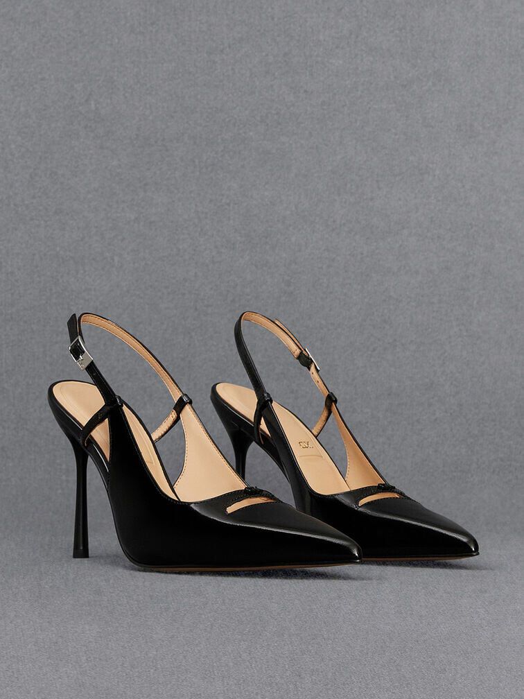 Leather Pointed-Toe Slingback Pumps, Black Box, hi-res