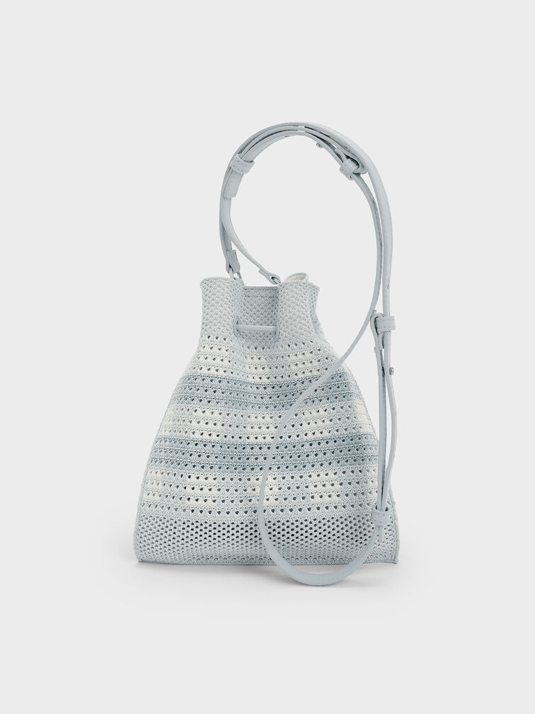 Ida Checkered Knitted Bucket Bag, Sea Salt Blue, hi-res