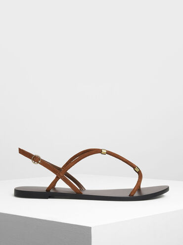 Gold Accented T-Bar Sandals, Brown, hi-res