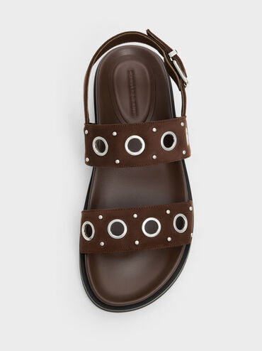 Faux Suede Grommet Crossover Slingback Sandals, Dark Brown Textured, hi-res