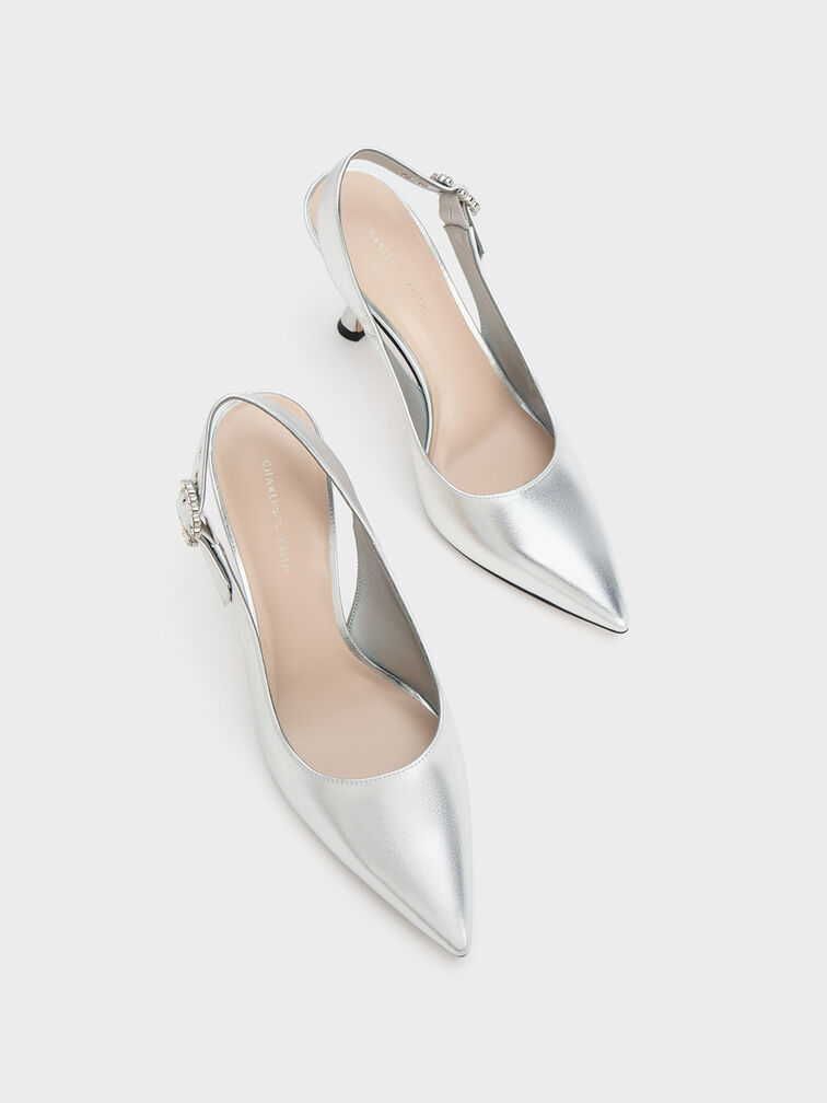 Embellished Metallic Slingback Pumps, Silver, hi-res