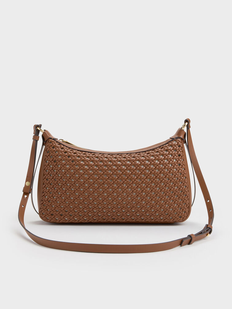 Calla Woven Shoulder Bag, Chocolate, hi-res