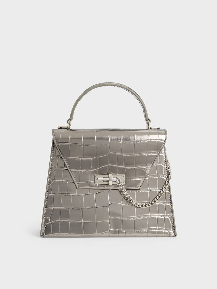 Samantha Metallic Croc-Effect Envelope Top Handle Bag, Pewter, hi-res