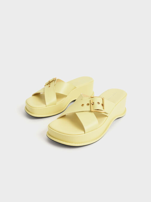 Buckled Crossover Curved Platform Sandals, Yellow, hi-res