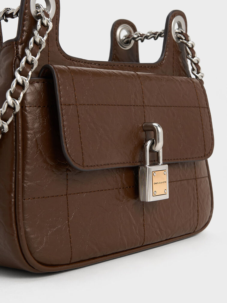 Suki Crinkle-Effect Padlock Shoulder Bag, Dark Brown, hi-res