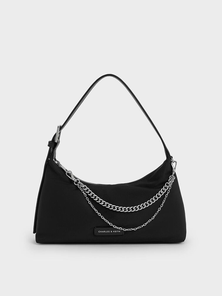 Nylon Chain-Link Trapeze Shoulder Bag, Noir, hi-res