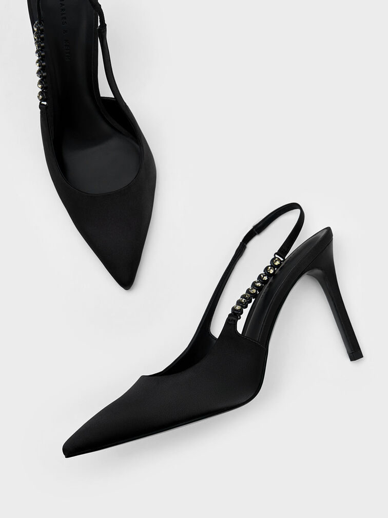 Flores Recycled Polyester Gem-Strap Slingback Pumps, Black, hi-res