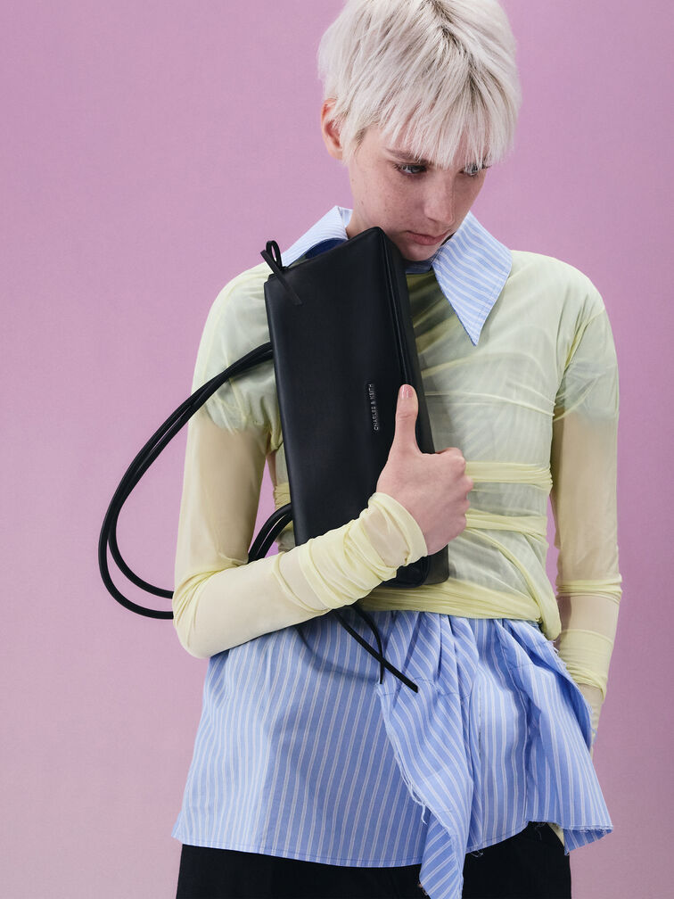 Hazel Bow Elongated Trapeze Shoulder Bag, Noir, hi-res