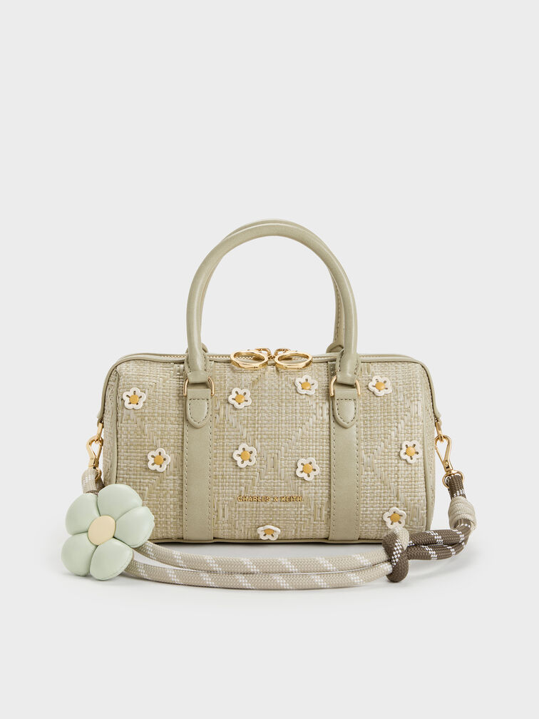 Philomena Raffia Flower Bowling Bag, Pale Olive, hi-res