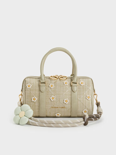 Philomena Raffia Flower Bowling Bag, Pale Olive, hi-res