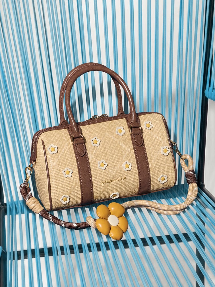 Philomena Raffia Flower Bowling Bag, Beige, hi-res
