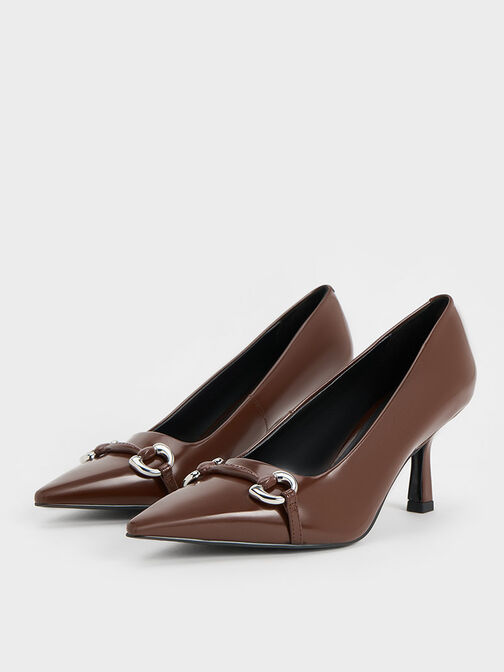 Metallic Accent Kitten-Heel Pointed-Toe Pumps, Dark Brown, hi-res